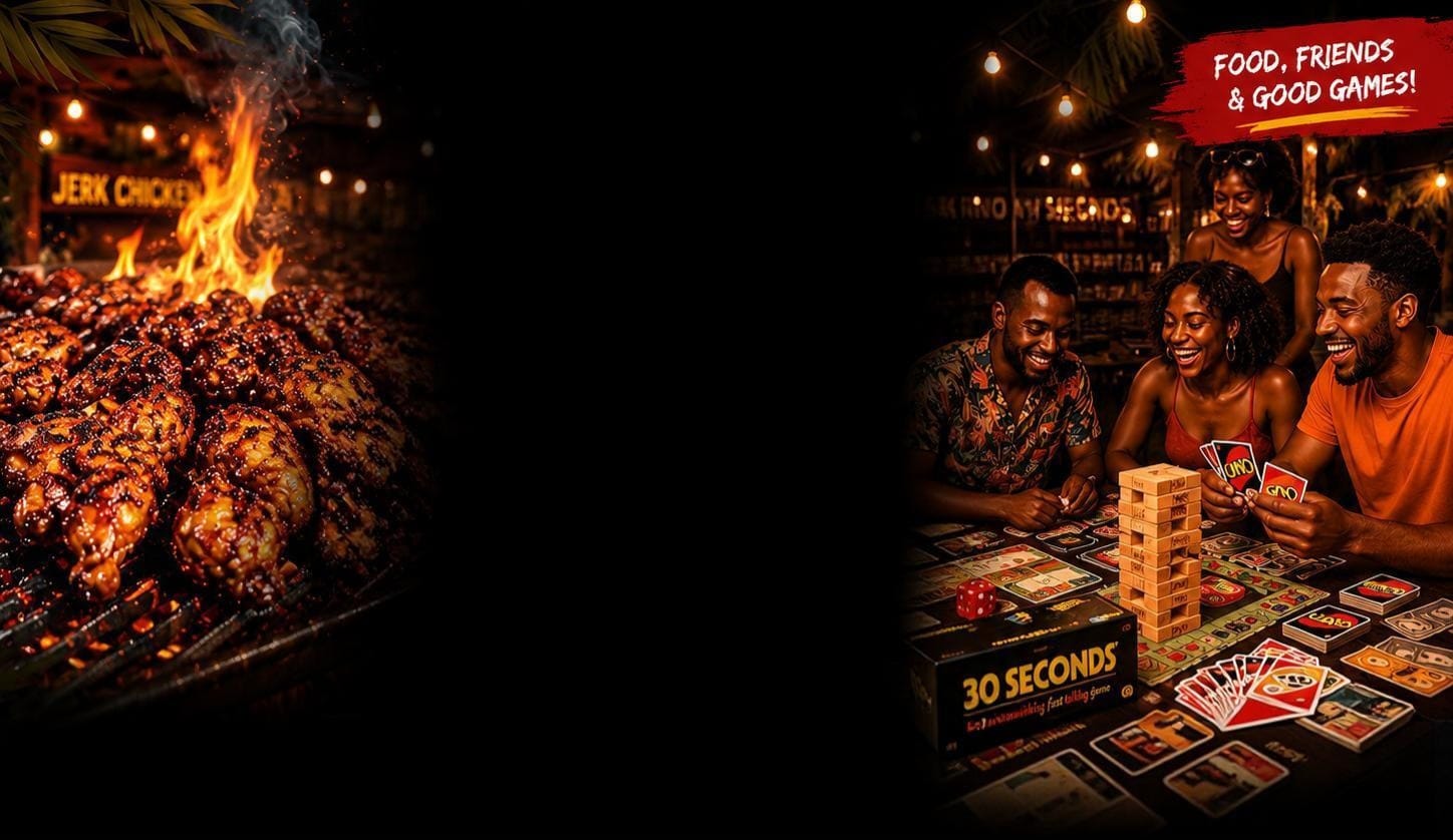 Nyama choma jerk chicken BBQ on the left, friends laughing while playing UNO and Jenga at Choma na Marafiki on the right